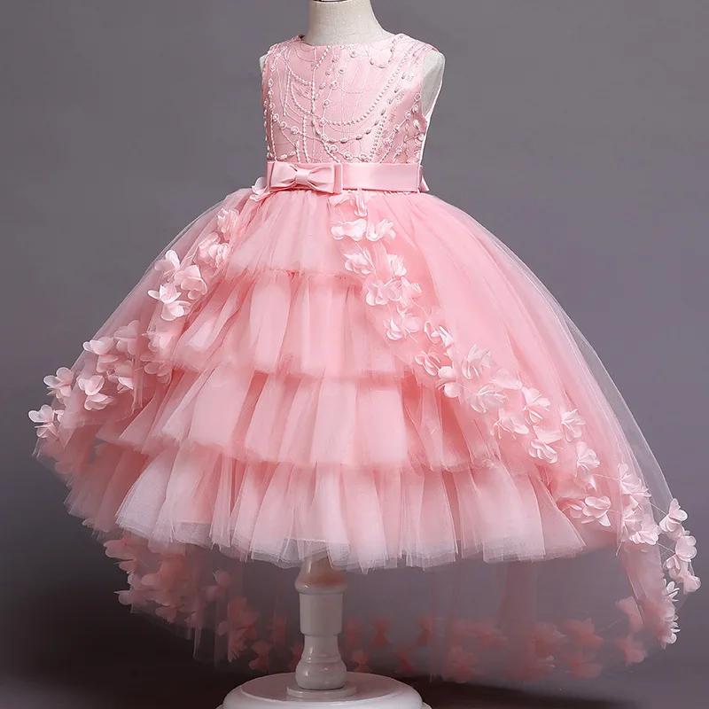 

The latest popular girl's dress for ages 3-12, with a trailing lace and lace fluffy skirt, is a floral banquet performance dress