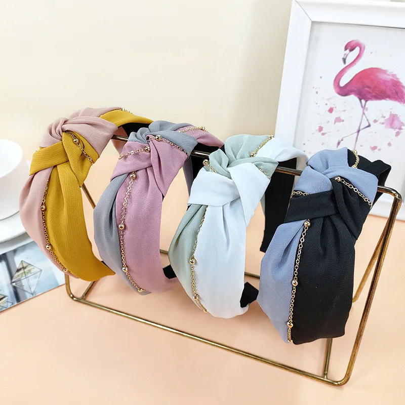 

New Color Matching Knot Hairband with Metal Chain Winding Fairy Hair Hoop Simple Fashion Girl Solid Headband Wholesale