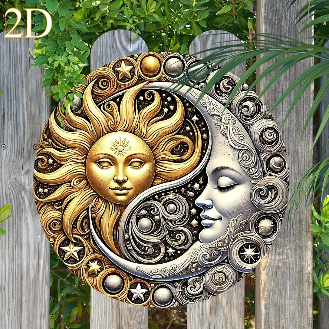 Celestial Sun and Moon Dual-Tone Metal Wall Art - Durable Iron Home and Garden Decoration