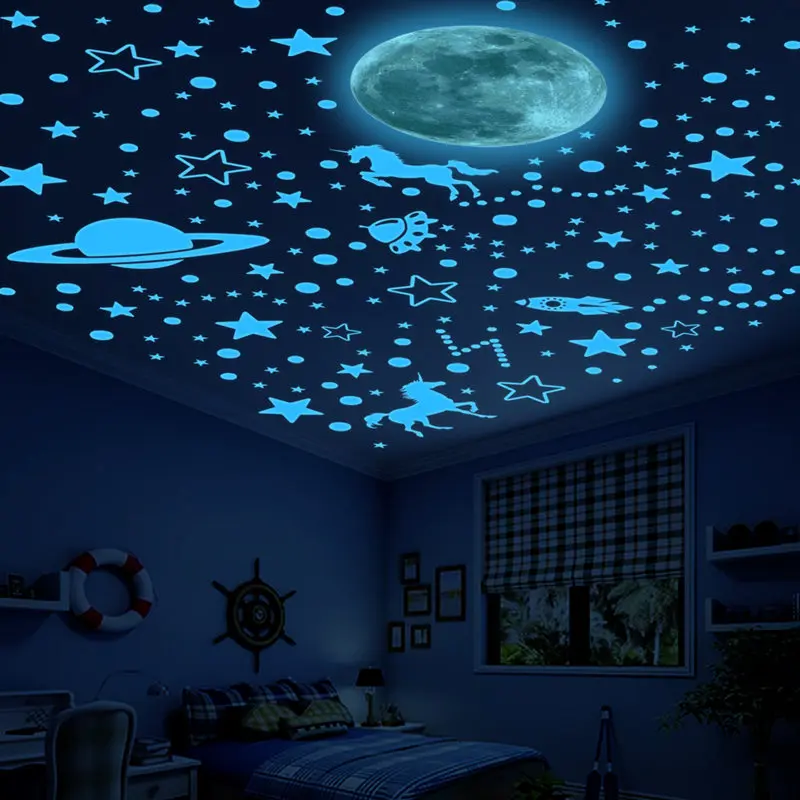 Glow in The Dark Unicorn Wall Stickers Stars Decal Glowing Ceiling Planets Shinning Space Gift for Boys Girls