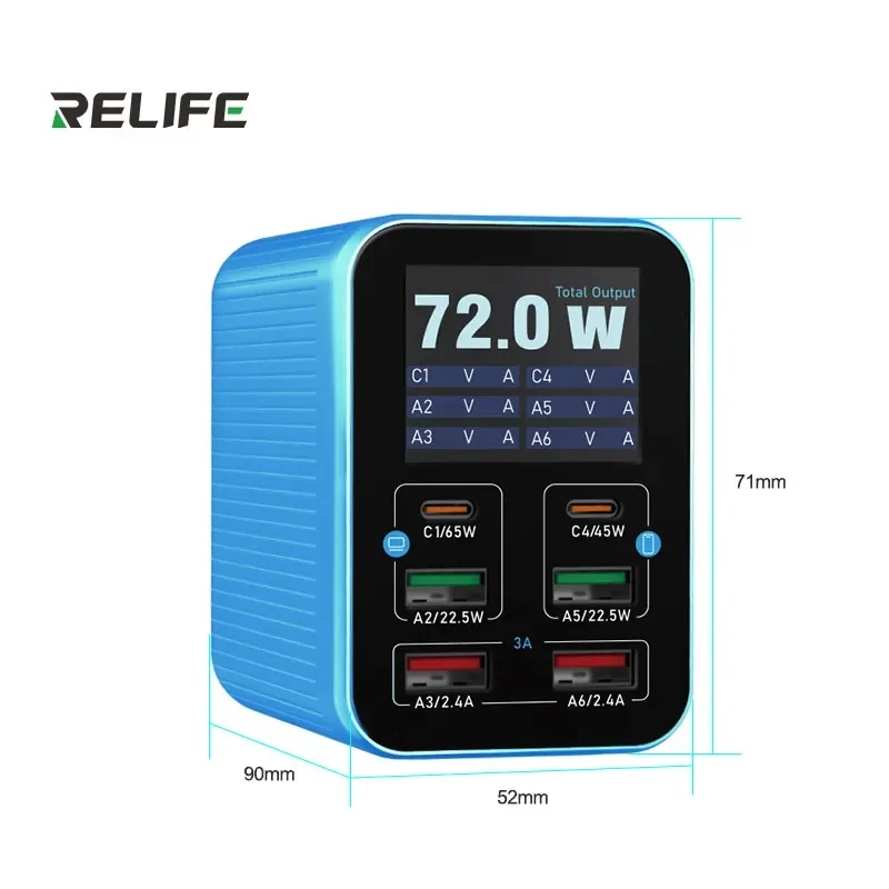 RELIFE Q4 72W 스마트 6포트 고속 충전기 2개의 PD 포트 + 2개의 QC3.0 포트 + 2개의 USB-A 포트, 다양한 전자기기용 스마트 슬립 모드 지원