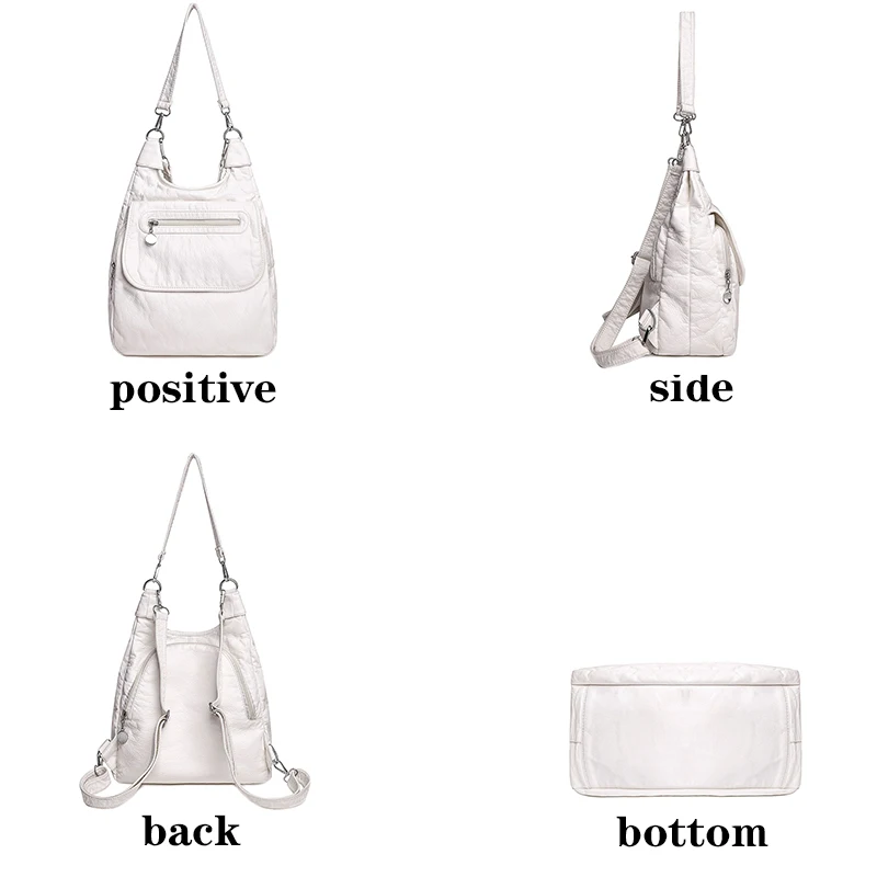 Multifunction White Backpacks Fashion Washed Soft PU Leather Anti-thief Backpack Large Capacity School Bag for Teenager Girls