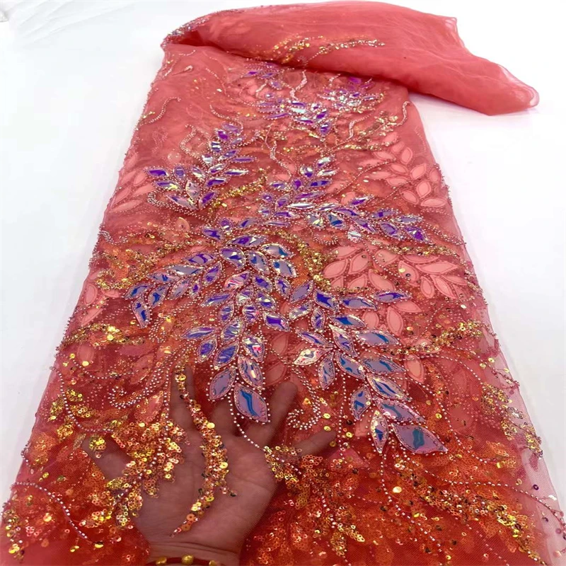  Luxury 2022 Women\'s Sewing Material 5 Yards High Quality Sequins/beads Embroidery Nigerian Lace Fabric For Party Dress CD-375