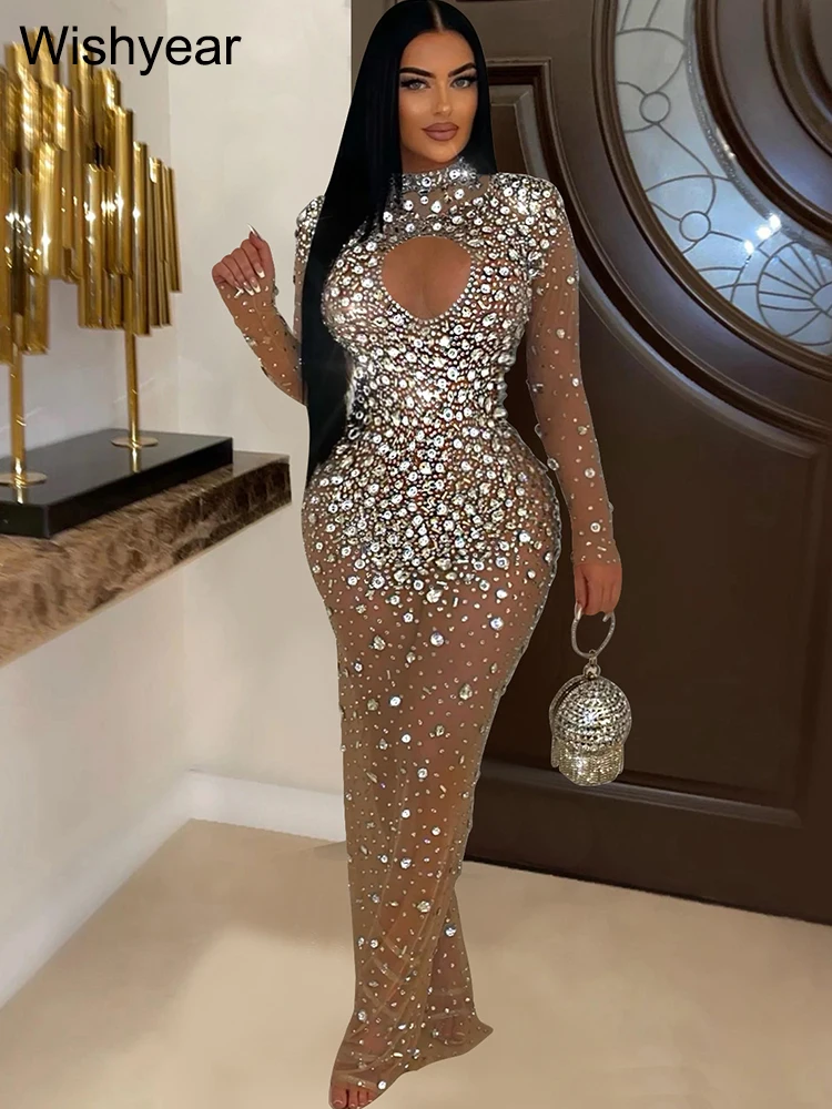 Women Sexy Long Sleeve Bodycon Dress Luxury Birthday Evening Party Glitter Rhinestones Mesh See Through Prom Gown Stage Outfit