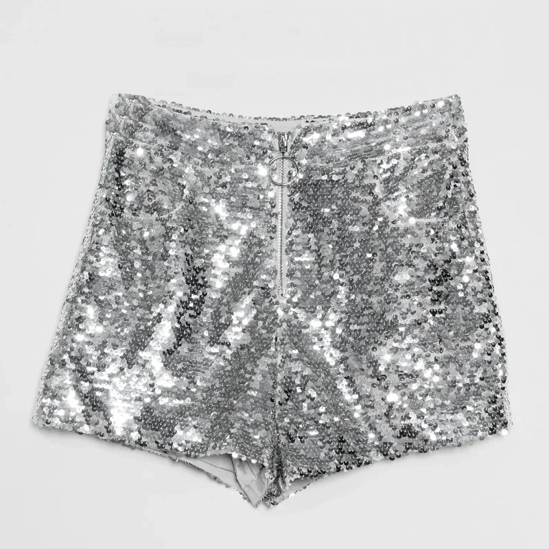 High Waist O-Ring Zip Bodycon Shorts Women Silver Shiny Sexy Fashion Sequin Shorts Skinny Party Club Raves Pole Dance Shorts New