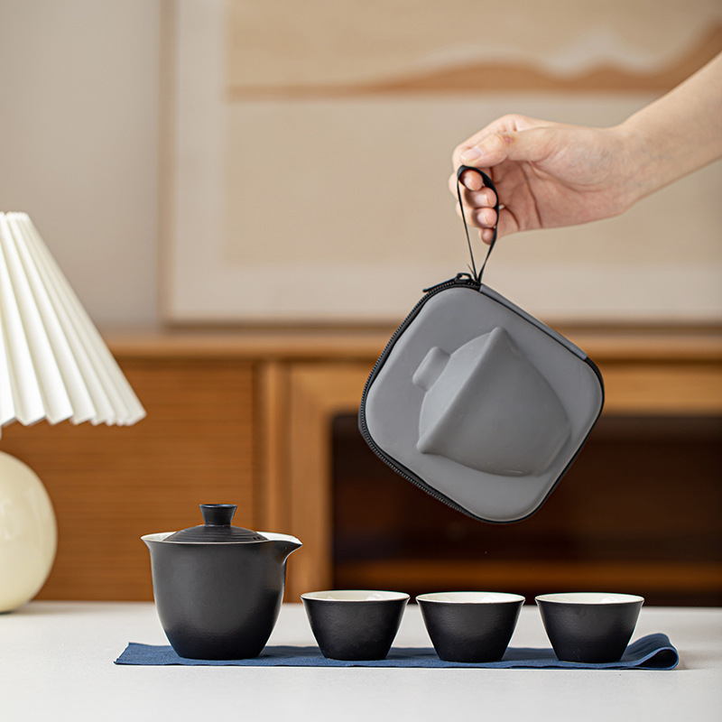 1 Set Portable Teacup Set Travel Kit Ceramic Kung Fu Teaware Ceramic Outdoor Camping Adults Chinese One Tea Pot Three Cups Gift