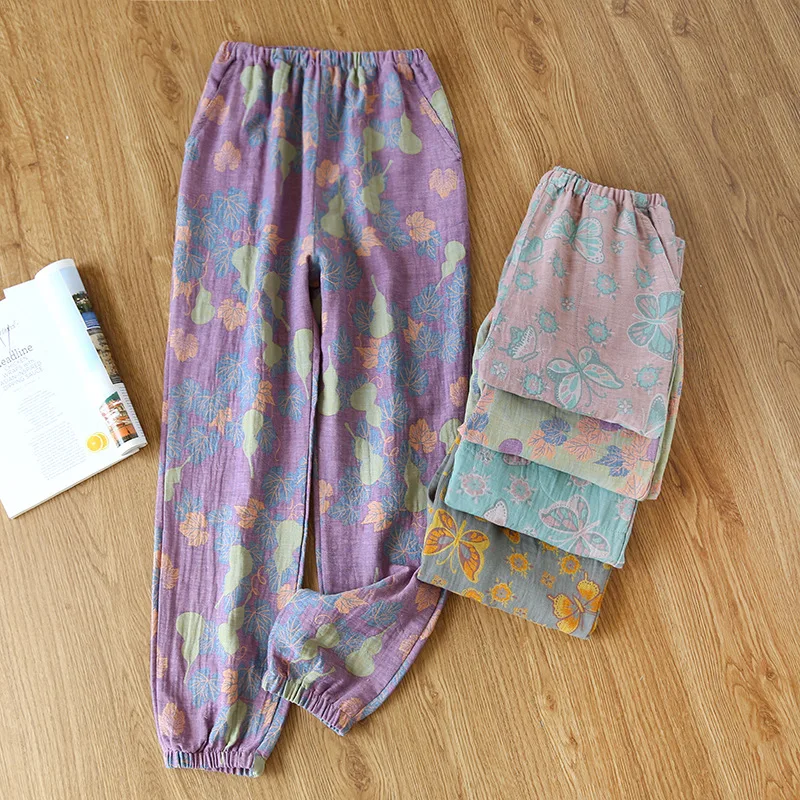 Spring summer 2023 cotton pajamas women's cotton double-sided yarn dyed trousers Beachwear printed loose thin household pants