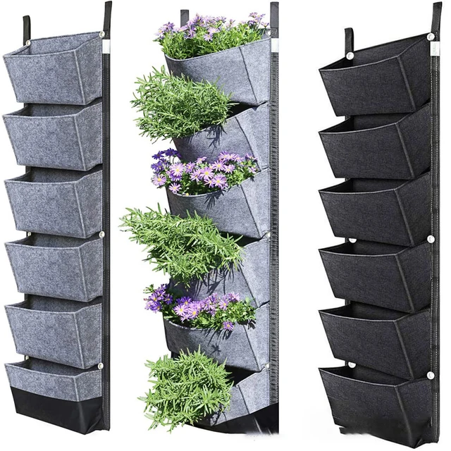 6 Zseb Lógó Filc Fekete Termesztés Táskák Függőleges Keresztfal Függő Ültetési Ültetett Kert Zöldségek Élő Kerti Táska