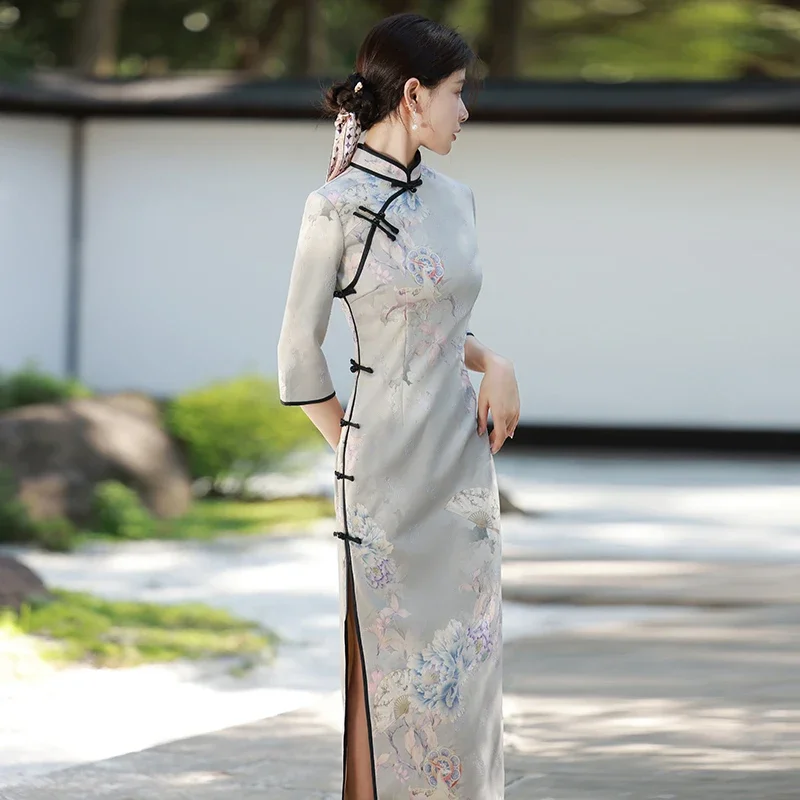 

Chinese Traditional Improved Cheongsam Women Vintage Republic of China Retro High-end Slim Elegant Gray Blue Long Sleeve QiPao