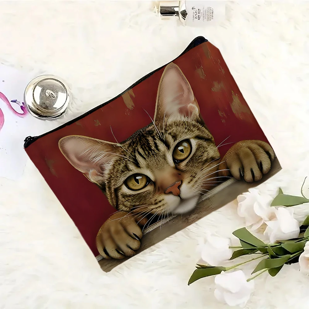 Niedliche Make-up-Tasche mit Cartoon-Katzenmotiv, bedruckt, Kosmetiktasche, faltbar, leicht, mit Reißverschluss, Make-up-Tasche für Frauen und Mädchen – Detail 7