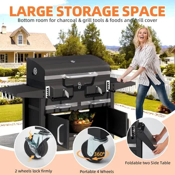 36 In Extra Large Charcoal Grill - 620 Sq.In Oversized BBQ Area with Thermometer & Individual Lifting Charcoal Trays, Storage C 3