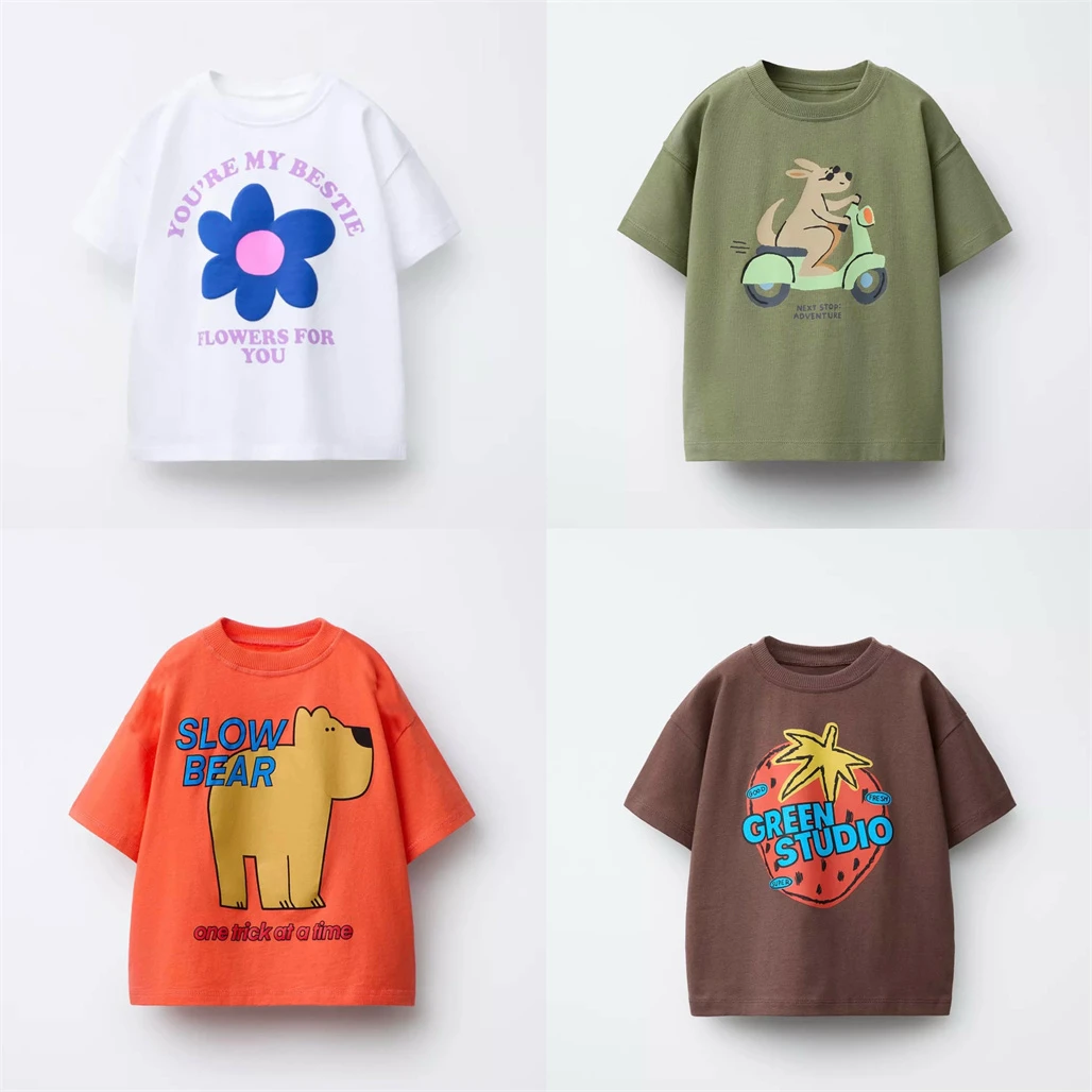 1-7Years Old Boys Girls Fashion T-shirt Summer Clothes Short-sleeved Tops Toddler Cartoon Printed Tees Loose Casual Sports Tees 1