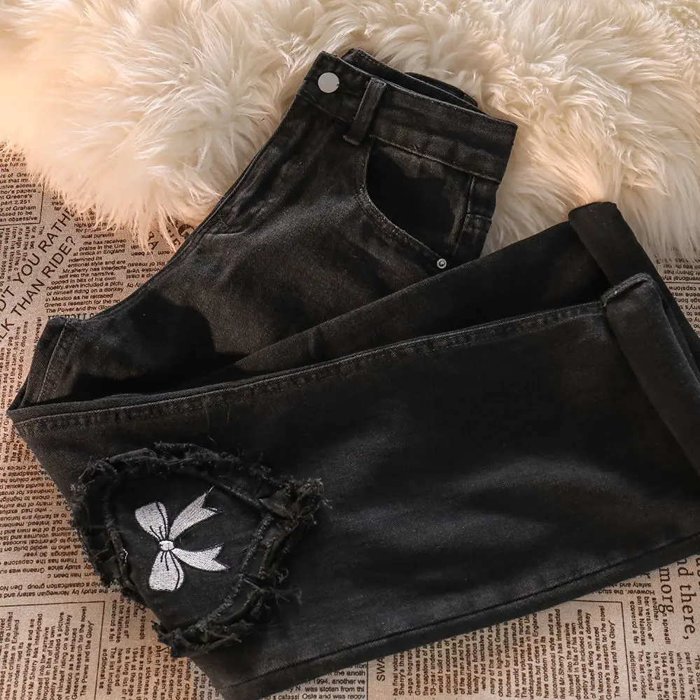 Black Heart Bow Y2k Preppy Style Straight Jeans Women High