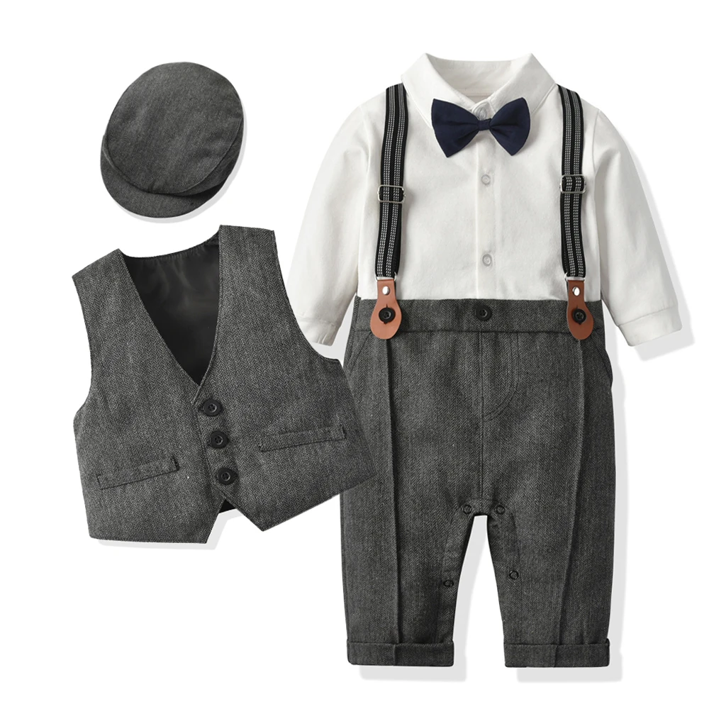 

Newborn Boy Formal Clothes Set Infant Boy Gentleman Birthday Romper Outfit With Hat Vest Long Sleeve Infant Jumpsuit Suit Formal