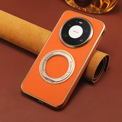 Denior Litchi Grain Faux Leather Phone Case with 360° Rotating Stand Holder for Huawei Mate 80 Pro Max (Orange)