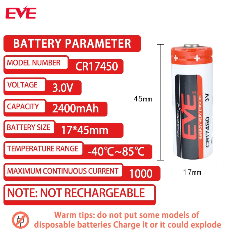 Original CR17450 3V primary lithium battery for smart water meter smoke sensor GPS locator PLC industrial control servo lithium battery