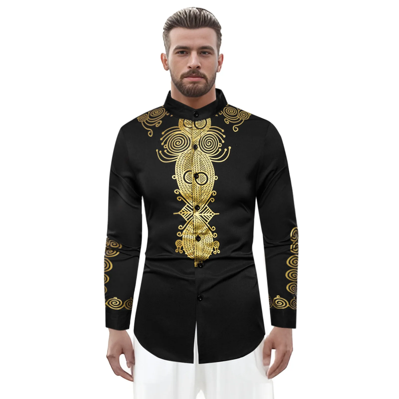 

African Dashiki Print Men'S Turn-Down Collar Button Shirts Casual Long Sleeve Tops Hip Hop Ethnic Style Streetwear Clothes