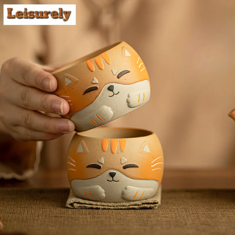 150ML Cartoon Hand-painted Wooden Fish Cat Teacup Luxury Tea Bowl Cup for Tea Fragrance Cup Jianzhan Master Cups Drinkware Craft