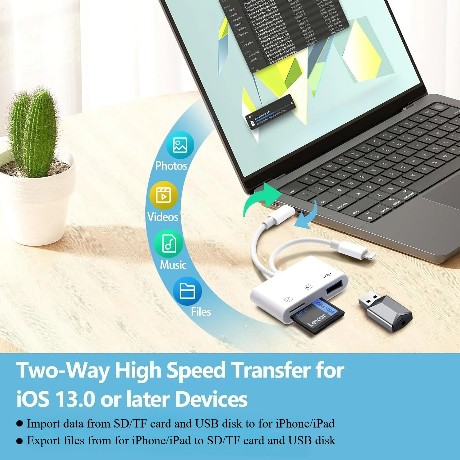 5-in-1 카드 리더기 라이트닝 & 타입 C to USB 3.0 어댑터 SD/TF 메모리 카드 리더기 (아이폰, 아이패드, 맥북, 삼성, 안드로이드용)