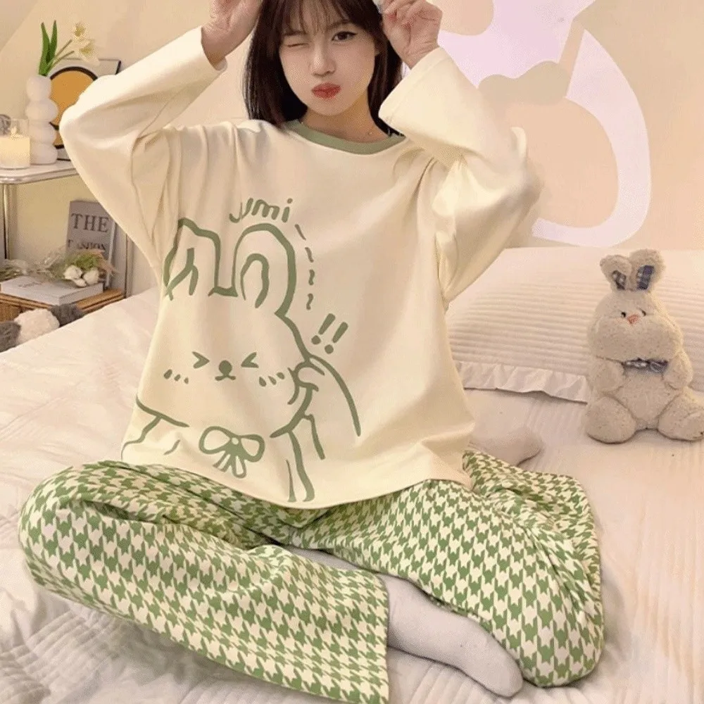 Long-Sleeved Women's Two-Piece Pajamas Loose Fit Cotton Material Pajama Suit Soft Fabric Large Size Homewear Suit Maternity Use