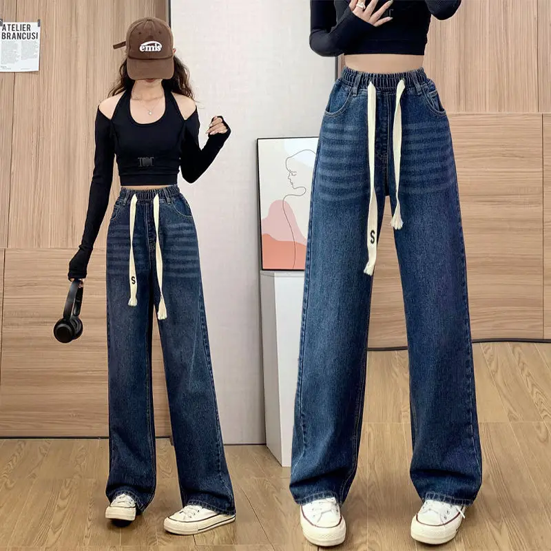 New Wearable Denim Trousers Women Jeans Thin Wide-Leg Straight Pants Loose Large Size High Waist Fashion Jeans