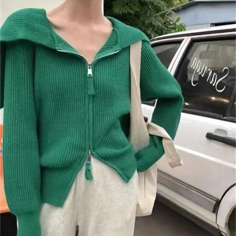 Sueter Mujer Invierno 2024 Korean New Sweater Women Sailor Collar Solid Long Sleeves Knitted Cardigan Fashion Chic Jacket XK236 4