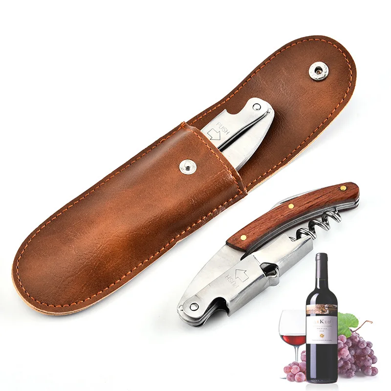 Stainless Steel Corkscrew Wine Bottle Opener with Knife Wooden Handle Beer Bottle Opener Keychain Bar Accessories Kitchen Tools
