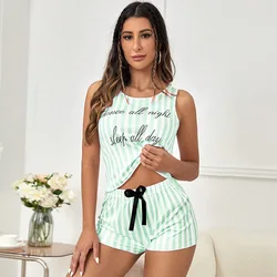 Women's Summer Striped Sleeveless Pajama Set - Faux Cotton O - neck Tank & Shorts - XXL (Green)