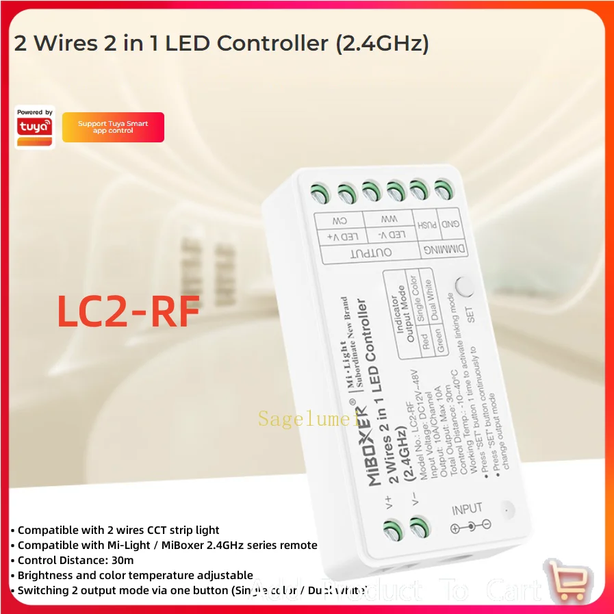 

Miboxer DC12V-48V LC2-RF светодиодный Одноцветный/двойной белый с регулировкой температуры, 2 провода, 2 в 1, Стандартный контроллер для монолитного блока микросхем