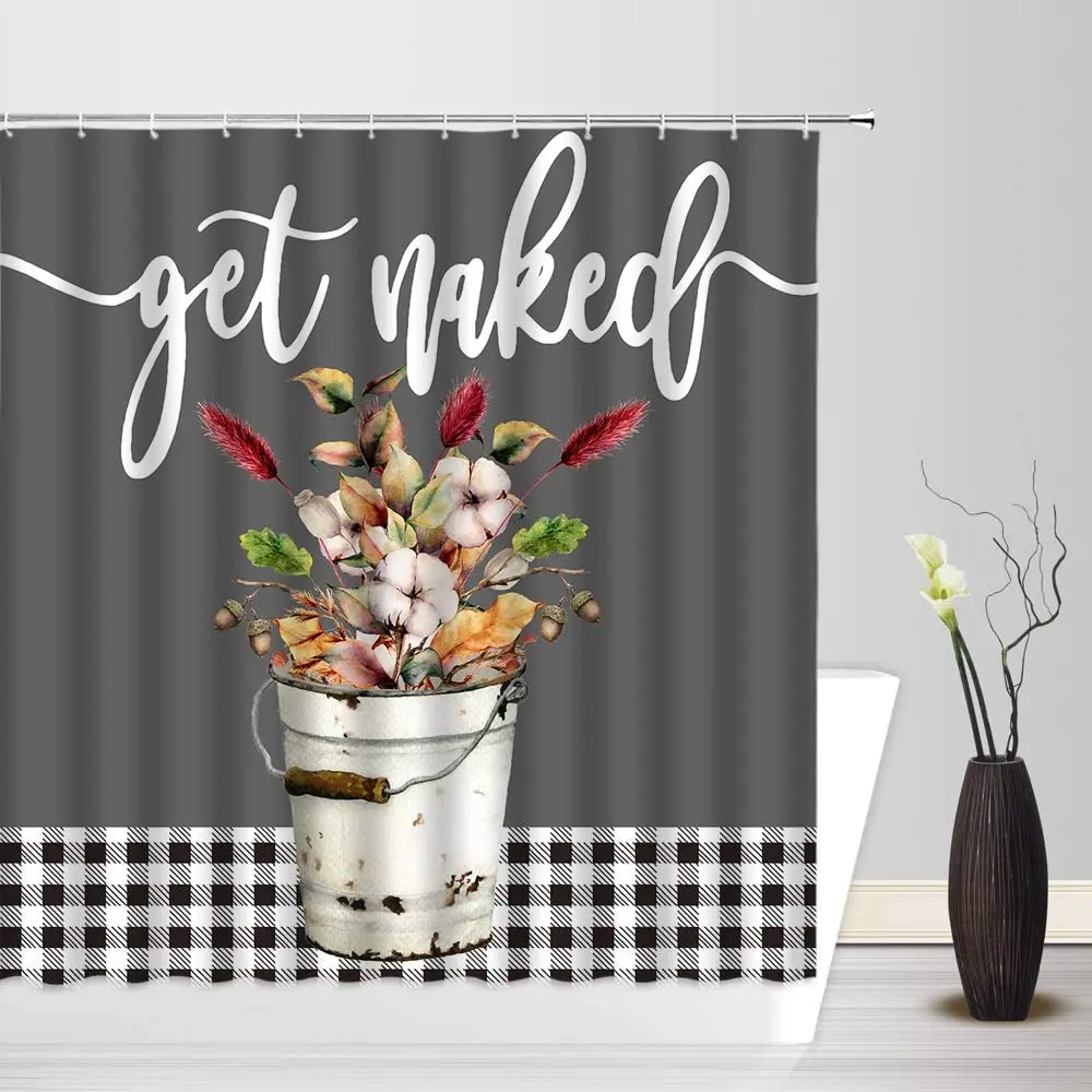 

High Quality Floral Shower Curtain Black Buffalo Plaid Cotton Flower Wildflowe Bucket Print Bathroom Decor with Hook Bath Screen