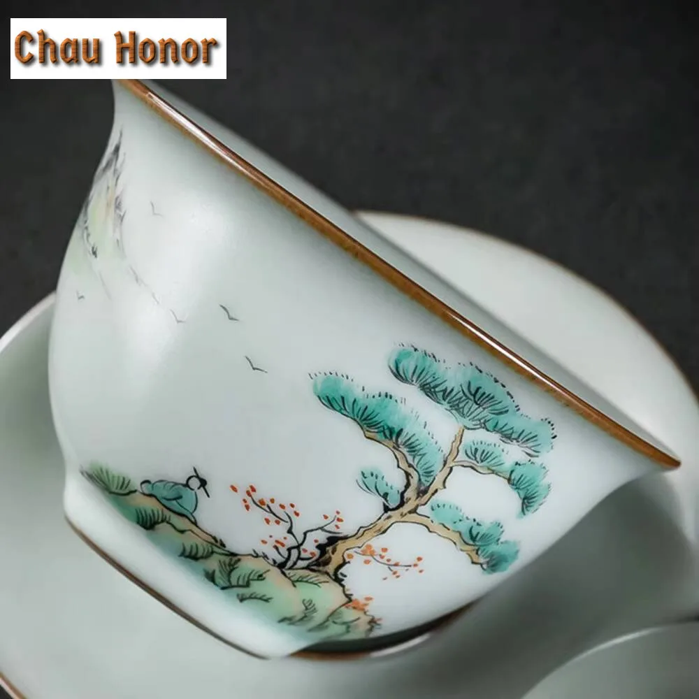 170ml Ancient Hand-painted Landscape Gaiwan Handmade Ru Kiln Porcelain Bowls Tea Tureen Tea Maker Cover Bowl Teaset Decoration