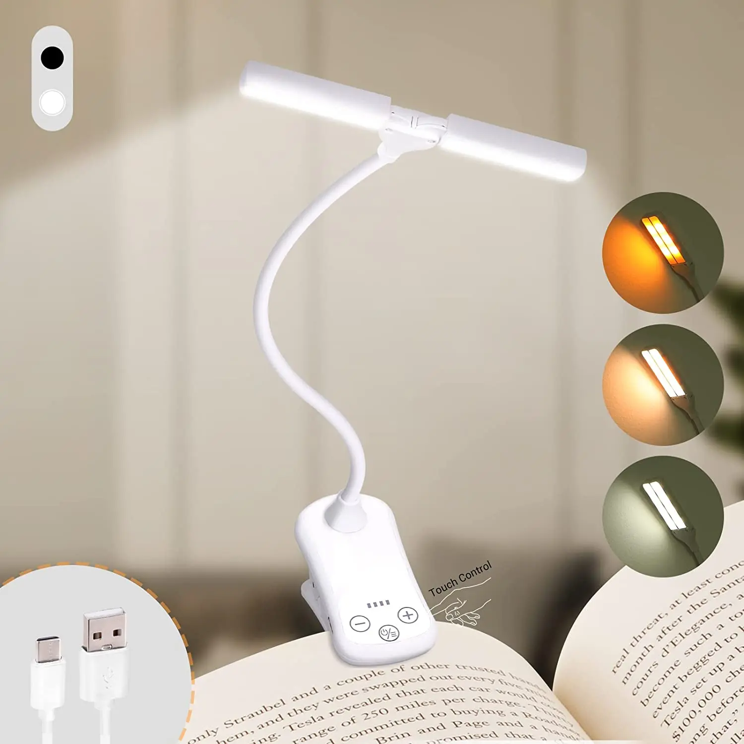Lampe de lecture, 14 LED à commande tactile avec 3 couleurs et 8  luminosité, lampe de livre rechargeable, lampe de lecture portable pour  livres