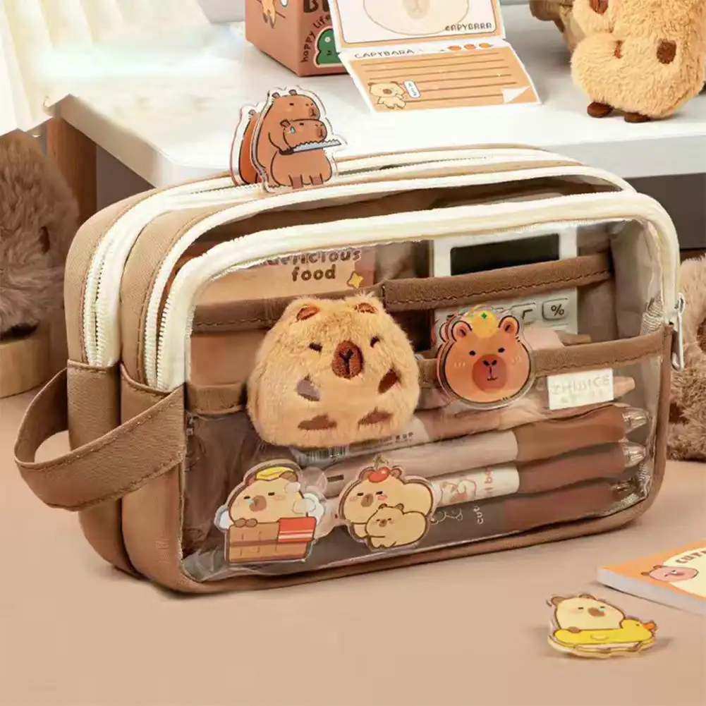 Pencil cases cute capybara pencil case pins and plush stickers and memo pad clear aesthetic pencil bags school supplies