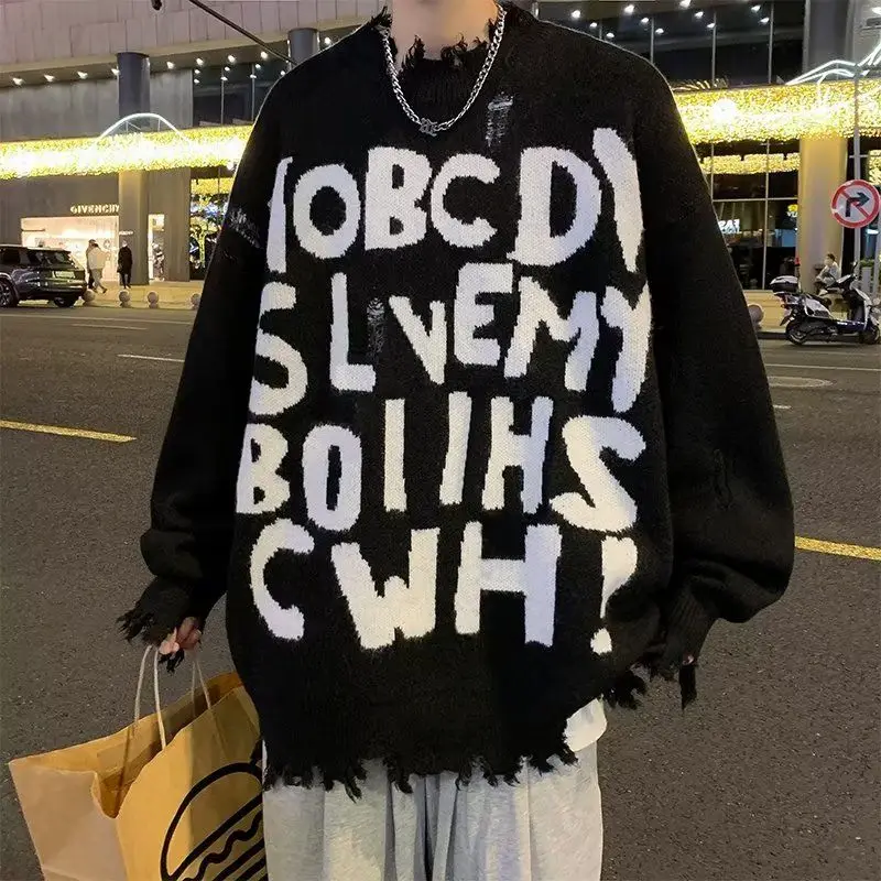 Fashion Knitted Hole Letter Tassel Irregular Sweaters Men's Clothing 2023 Autumn Winter Loose Casual Pullovers Asymmetrical Tops
