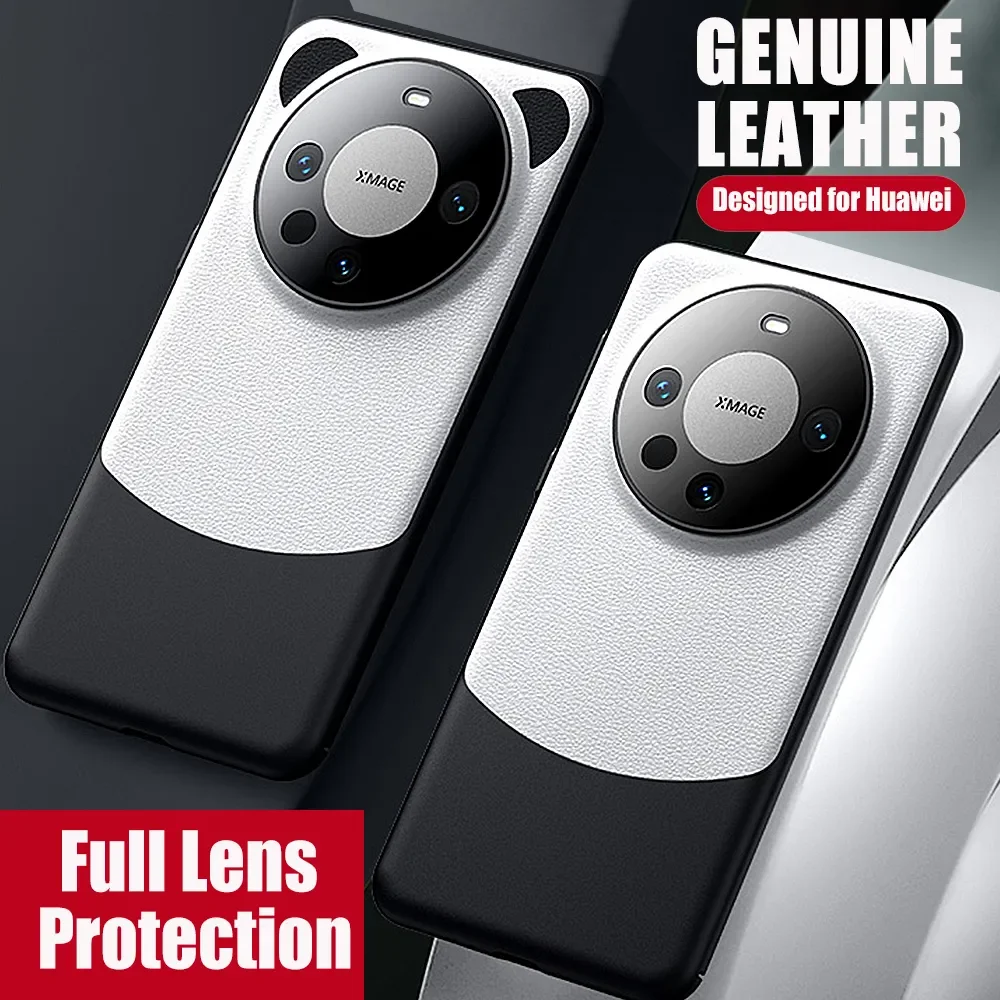 Genuine Leather Phone Case for Huawei Mate 60 Pro Plus Mate60 Luxury 100% Cowhide Skin Panda Armor Cover Splicing Color Fundas
