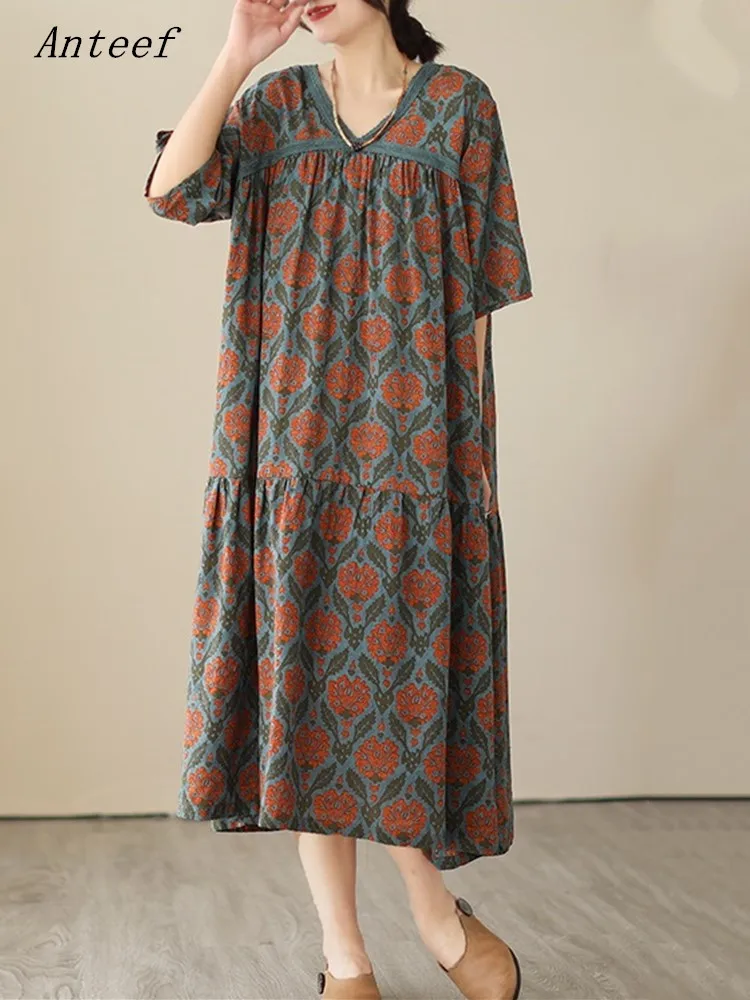 

Anteef short sleeve oversized cotton vintage floral dresses for women casual loose long summer dress elegant clothing 2023