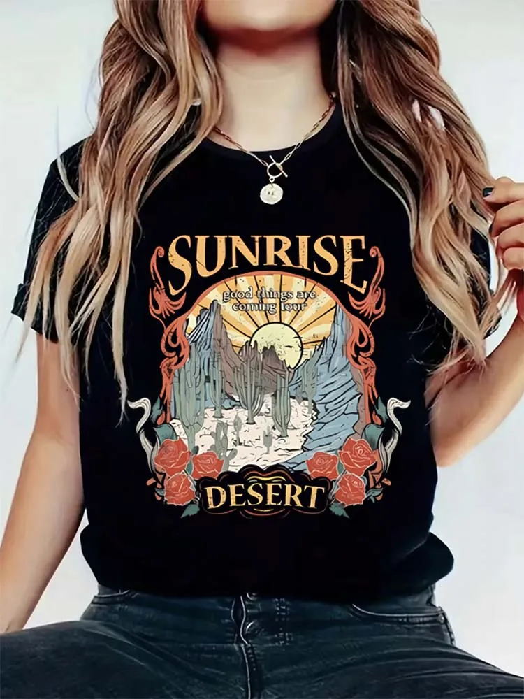 

Western Trend Fashion T-Shirt Short Sleeved Arizona Desert Pattern Casual T-Shirt Women's Clothing Printed Top Women's T-Shirt.