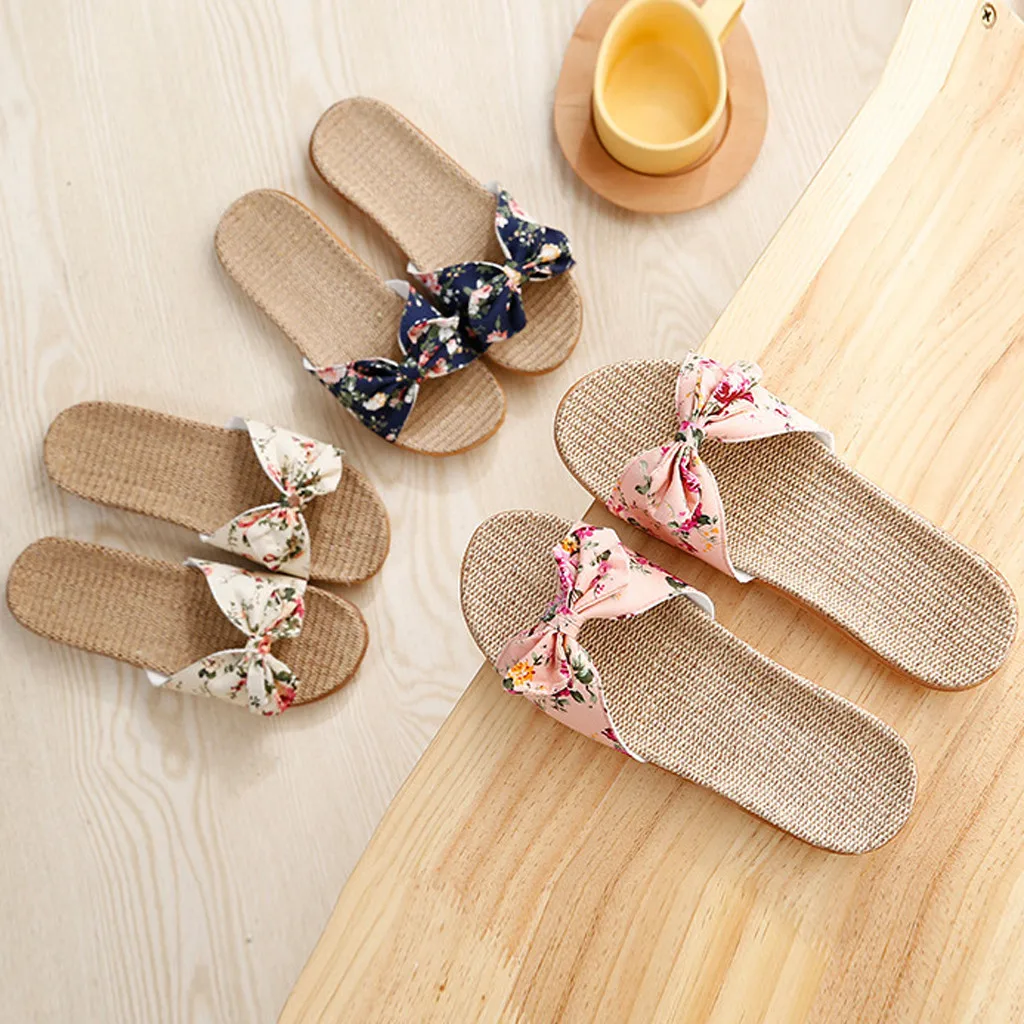 Ladies' Bohemian Style Bow Flower Linen Slippers Sandals Beach Shoes Home Shoes Beach Slippers Indoor Non Slip Shoes 2024