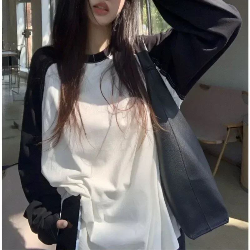 Casual Oversized T Shirt Y2k Tops Harajuku Long Sleeve O-Neck T-Shirts Spring Autumn Black White Patchwork Tees Women Streetwear 6