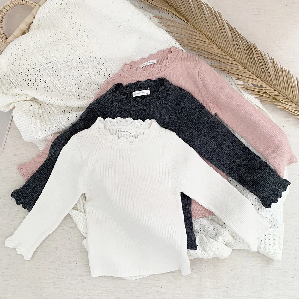 

Jenny&Dave Autumn and Winter Girls' Lace Collar Underlay Sweater Pit Stripe High Elastic Sweater Girl Baby Cotton Sweater Girl