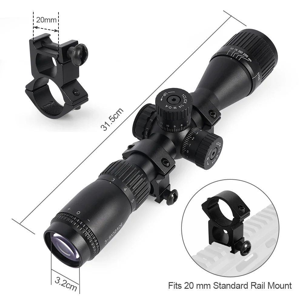 Tactical 3-9X32AOL Optical Sight with Red/Green Dot Laser Combination-Adjustable Focal Length for Long-Range Hunting
