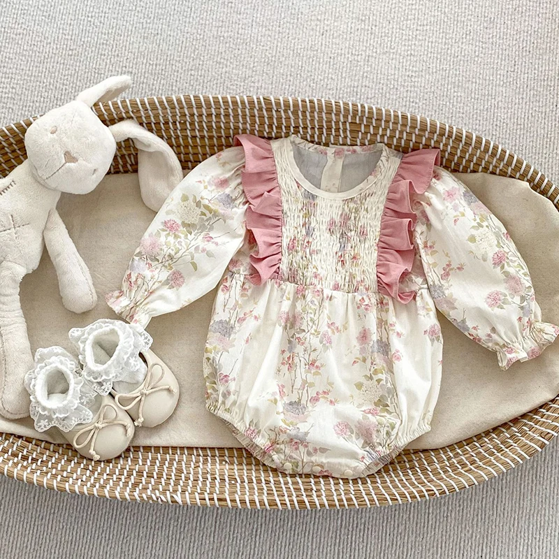 New Autumn Baby Sister Dress Cotton Floral Print Rompers Pink Ruffled Clothes Casual Dress Sister Matching Kids Clothing Outfit 4