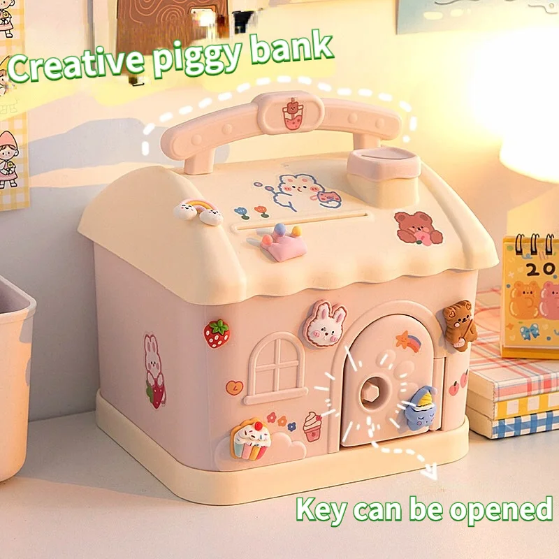 

Kawaii Piggy Bank Anime Cartoon Cute Square Money Boxes Piggy Bank with Lock and Key for Notes Children Xmas New Year Gift 2023