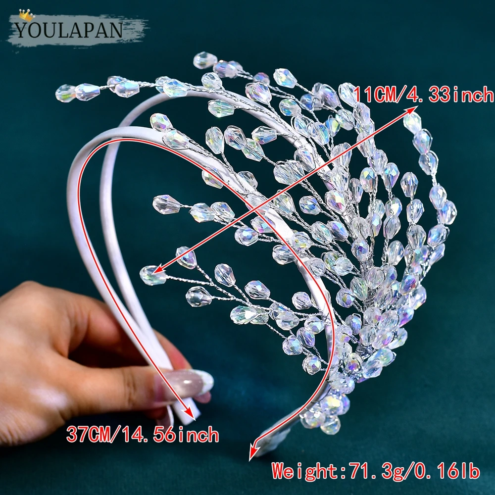 YouLaPan 럭셔리 AB 크리스탈 신부 머리띠 비대칭 사이드 크리스탈 더블 헤드 후프 웨딩 파티 헤어 액세서리 A214