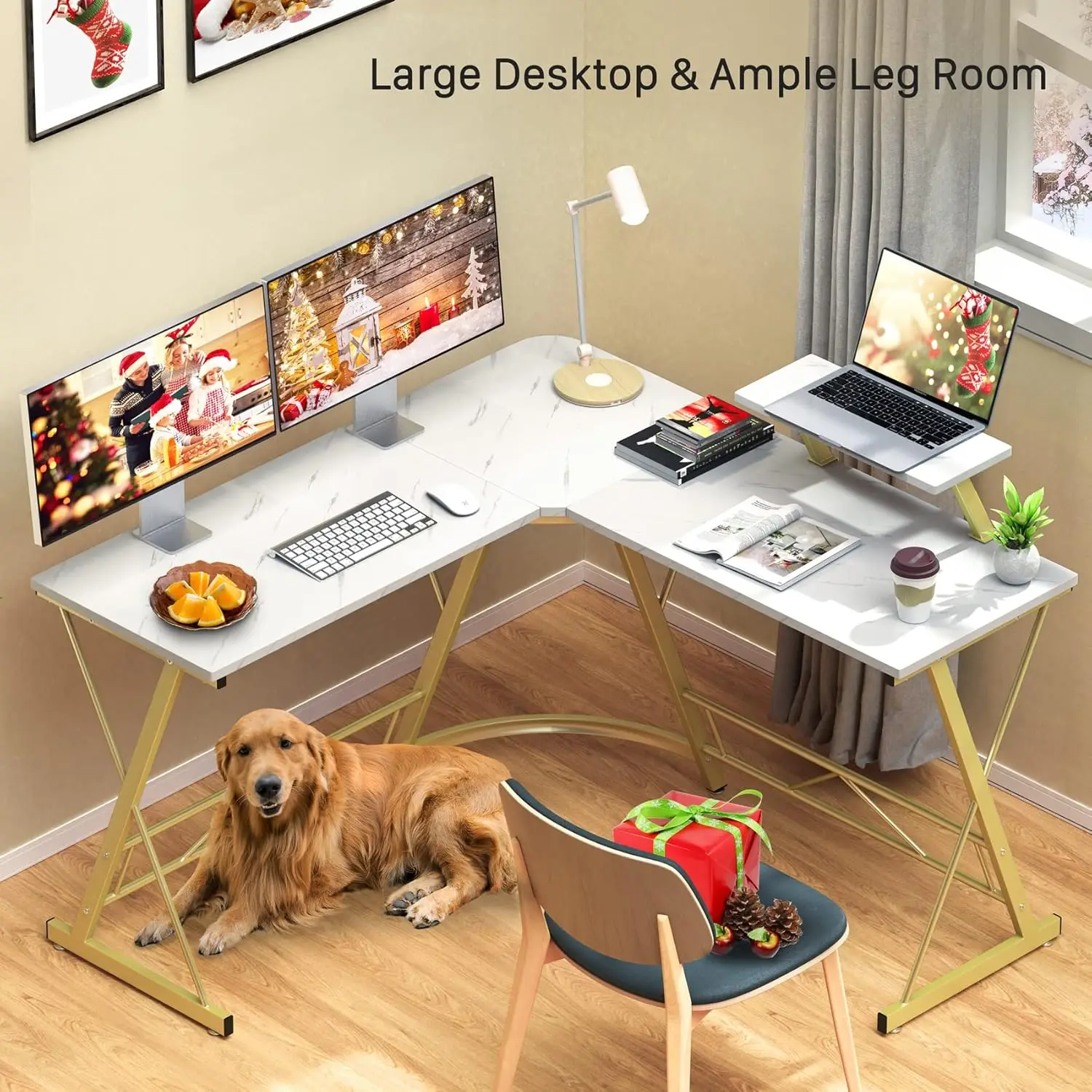 L Shaped Desk Computer Corner Desk Home Gaming Desk Office Writing Workstation with Large Monitor Stand Easy to Assemble (White, 6