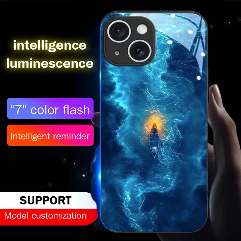 

Blue Ocean Solitary Boat LED Light Glow Luminous Phone Case For Samsung S24 S23 S22 S21 S20 FE Note 10 20 Plus Ultra A54 A14 A53