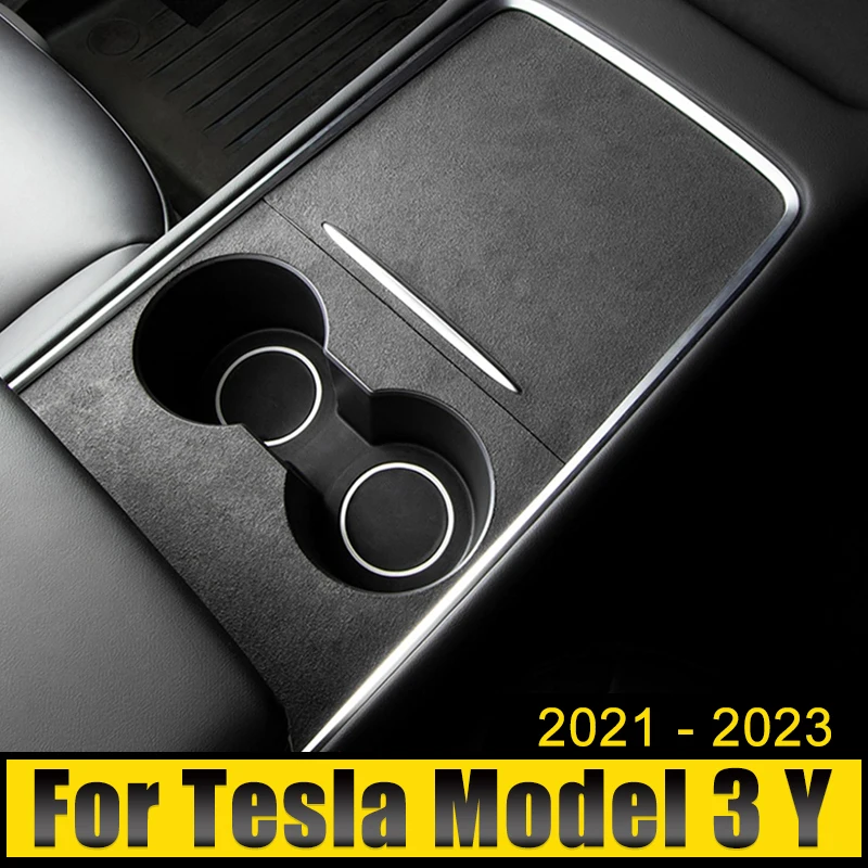

Suede Leather Car Central Control Front Water Cup Holder Trim Cover Mat Decoration Sticker For Tesla Model 3 Y 2021 2022 2023