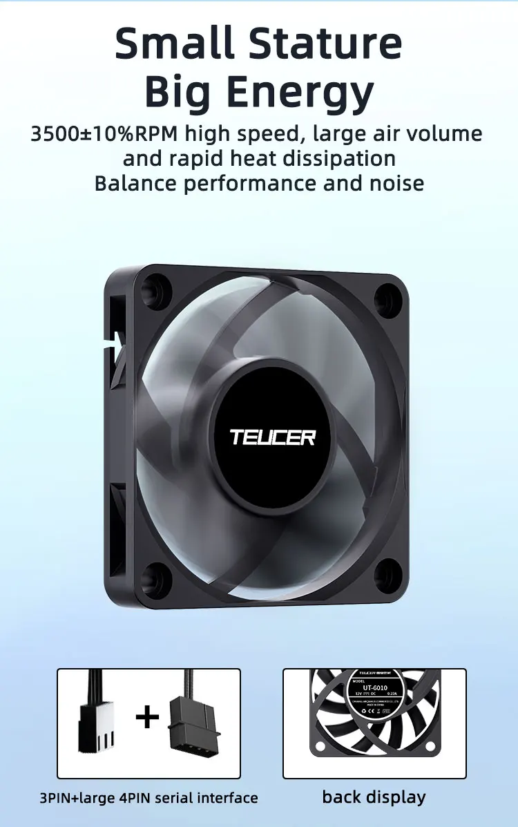 UT6010 Fan 12V 0.22A 60x60x10mm 3500RPM Suitable for Small Server, 3D Printers,