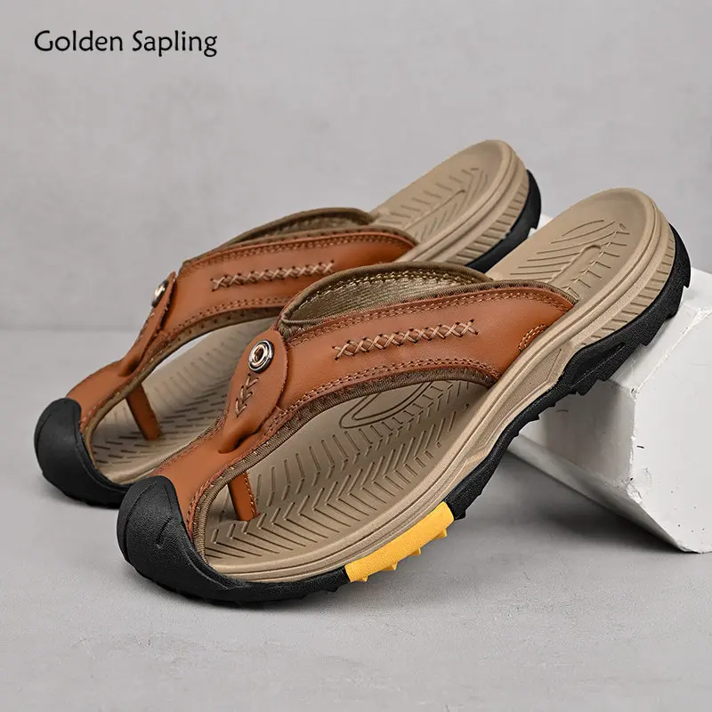 

Golden Sapling Men's Slippers Summer Shoes Genuine Leather Flip Flops Man Casual Beach Shoe Comfortable Leisure Slides Claquette