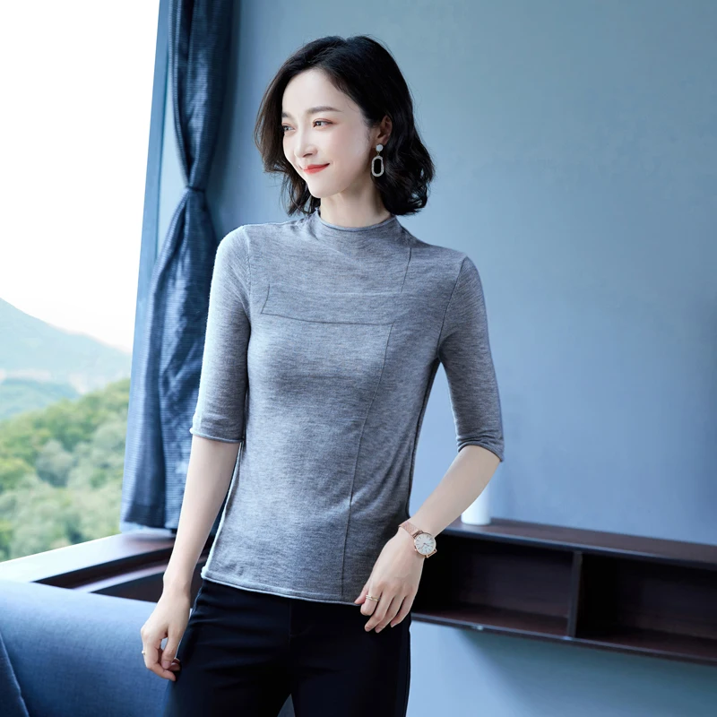 

Women's Merino Wool Tees Shirt 2022 Summer Elastic Thin Knit Blouse Ladies Half Sleeve Pullover Knitwear Tops